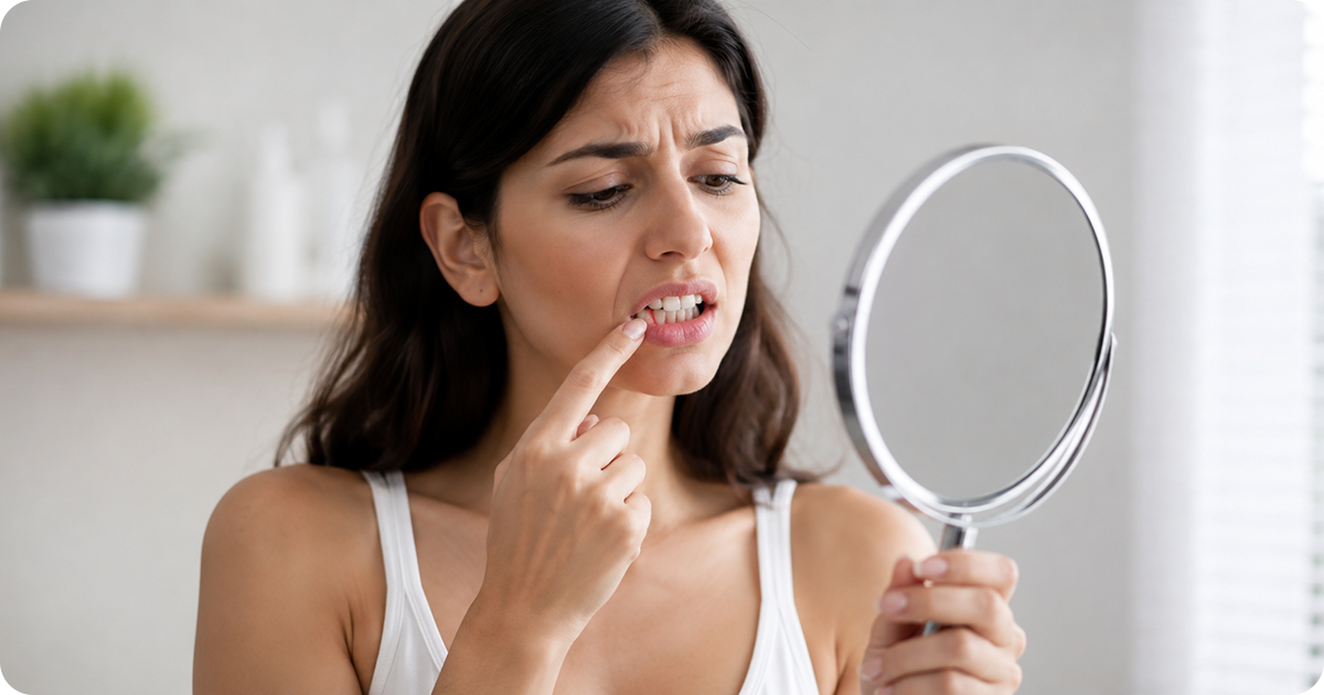 Woman checking her teeth in a hand mirror while considering veneer treatment.