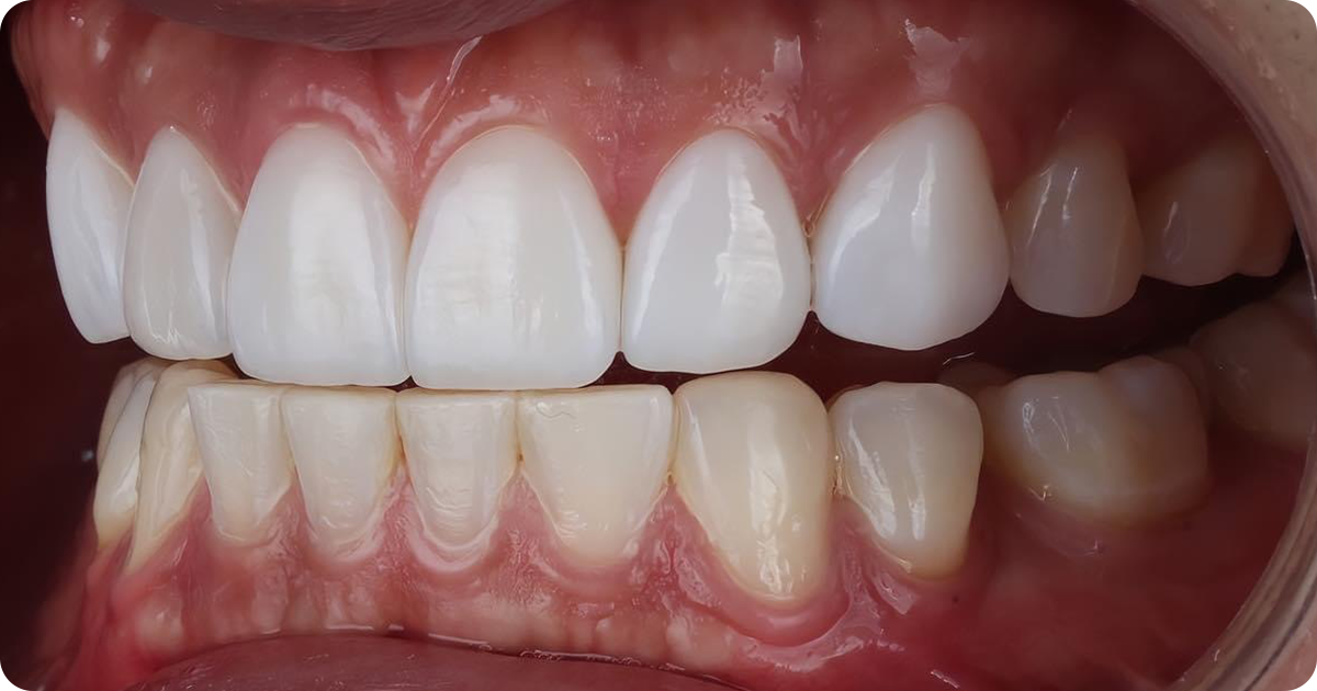 Dental veneer restoration case fabricated with Amber Mill lithium disilicate ceramic material.
