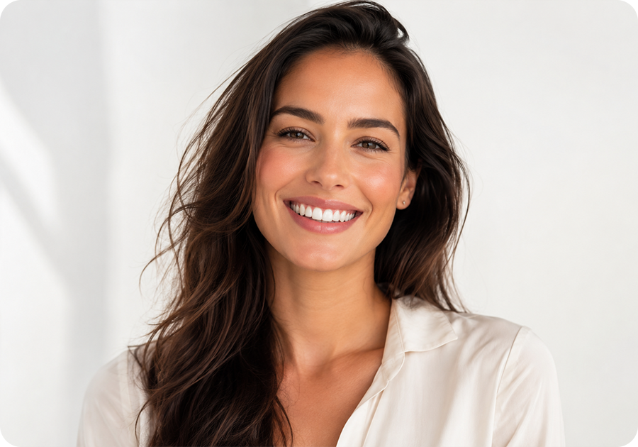 Smiling woman showcasing bright white permanent veneers