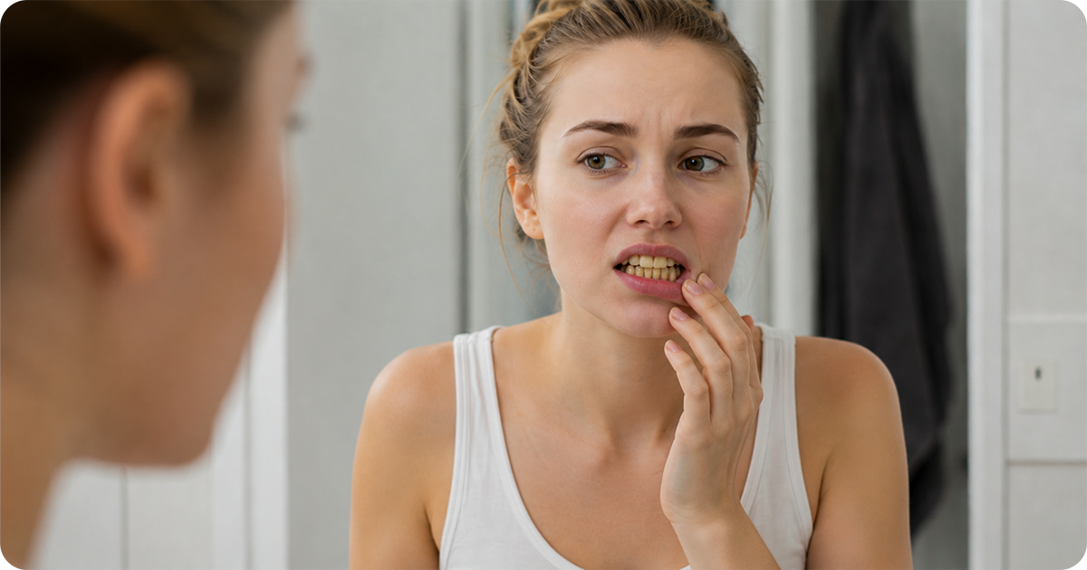 A woman looking in the mirror with a concerned expression about her tooth discoloration.