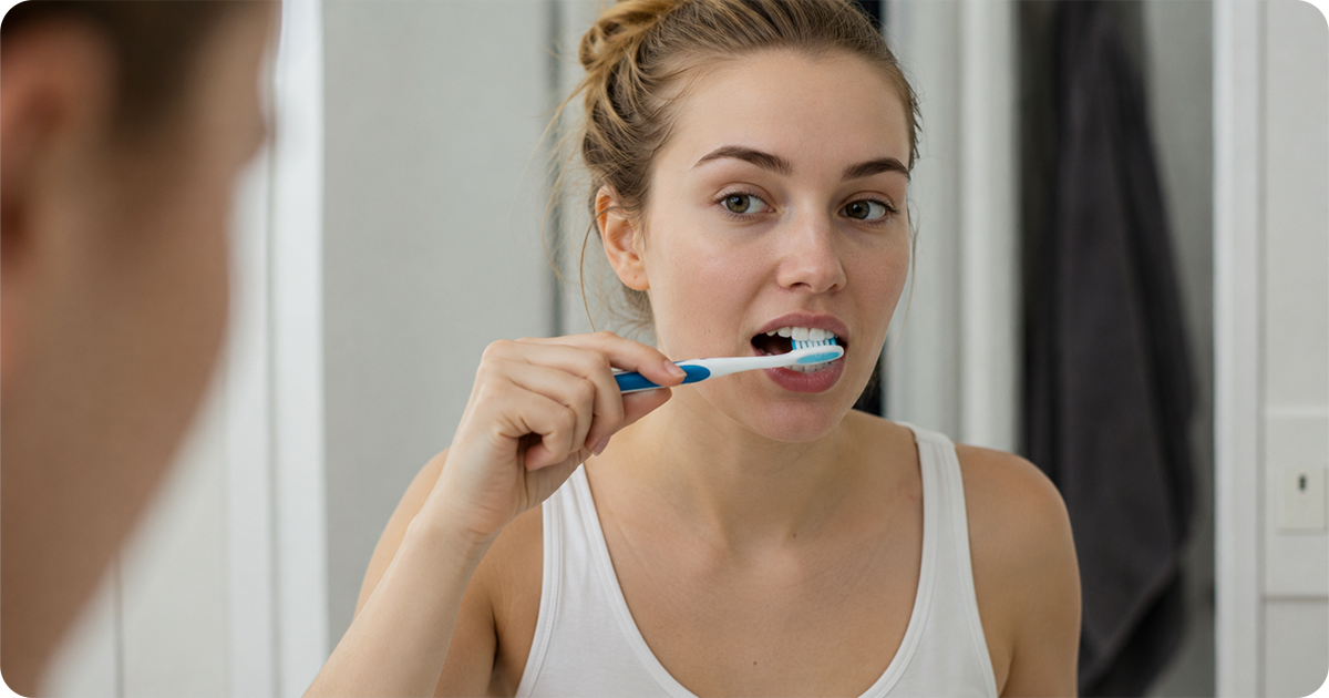 A woman brushing her teeth to prevent tooth discoloration.