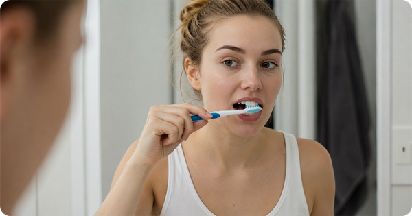 A woman brushing her teeth to prevent tooth discoloration.