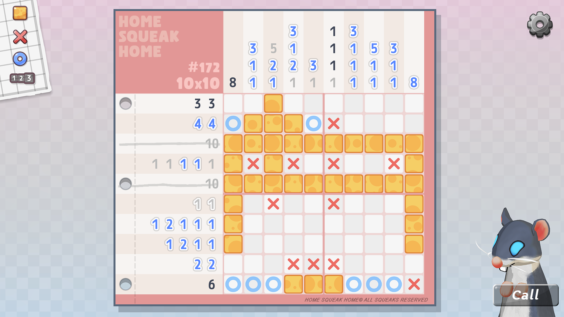 a solved nonogram/picross puzzle with a small cartoon rat in the corner