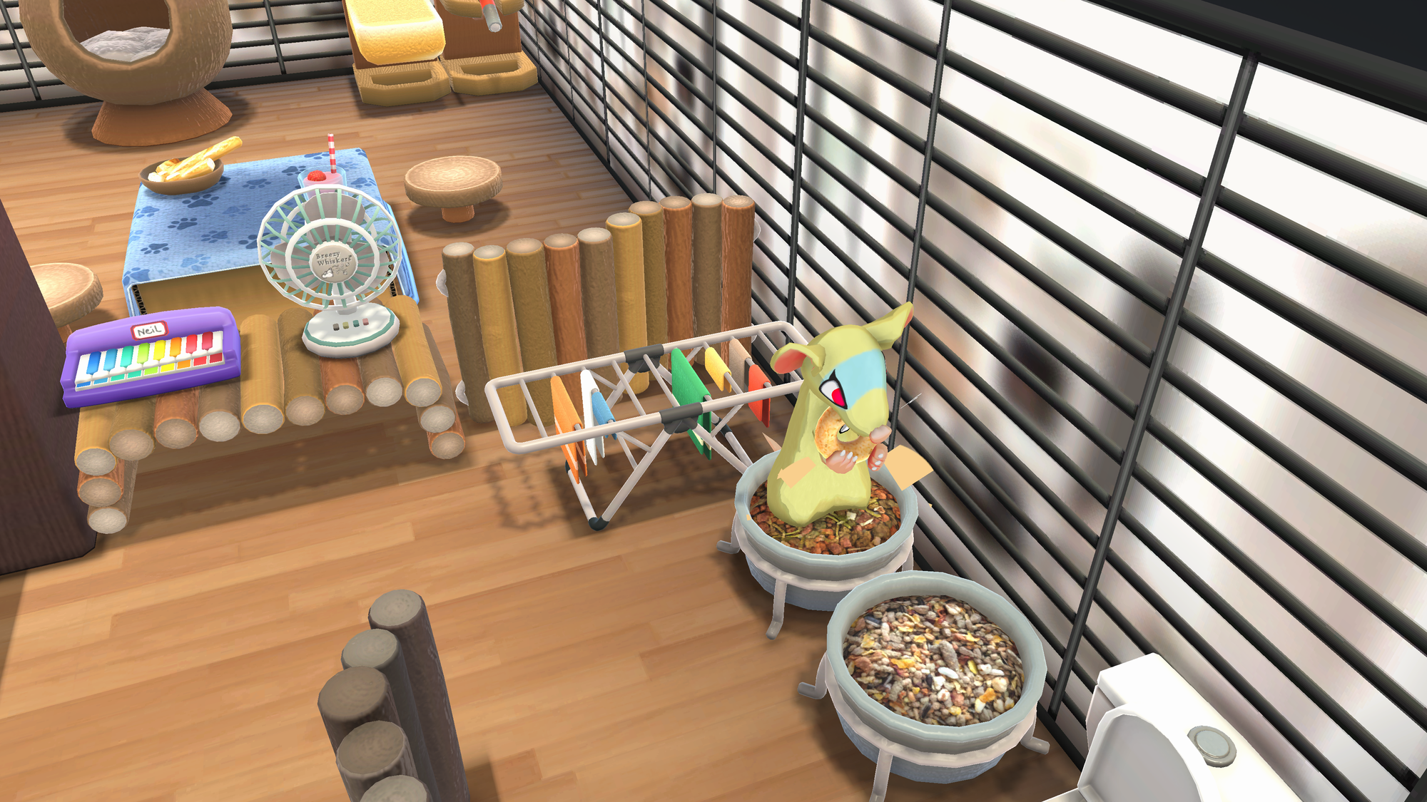 a multicolored rat eats kibble out of a pot in a cartoon house