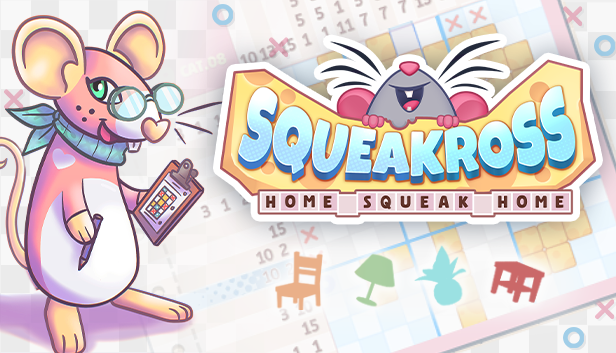 A cartoon mouse with glasses and a scarf holding a pen and a clipboard. The logo for Squeakross Home Squeak Home is beside the mouse. There is a nonogra background behind all these elements.
