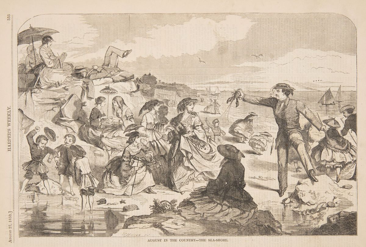 "August in the Country - The Sea-Shore," Winslow Homer. A man holds a lobster out to a crowd on a beach.