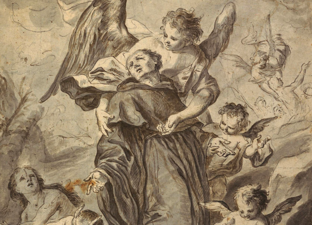 A sketch of angels gesturing toward and around a robed monk.
