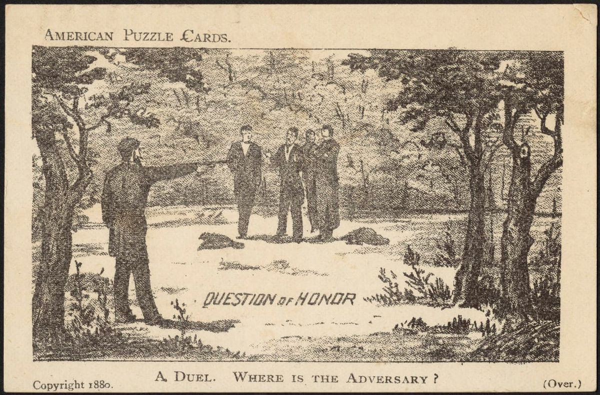 American puzzle cards. A question of honor. A duel. Where is the adversary? 