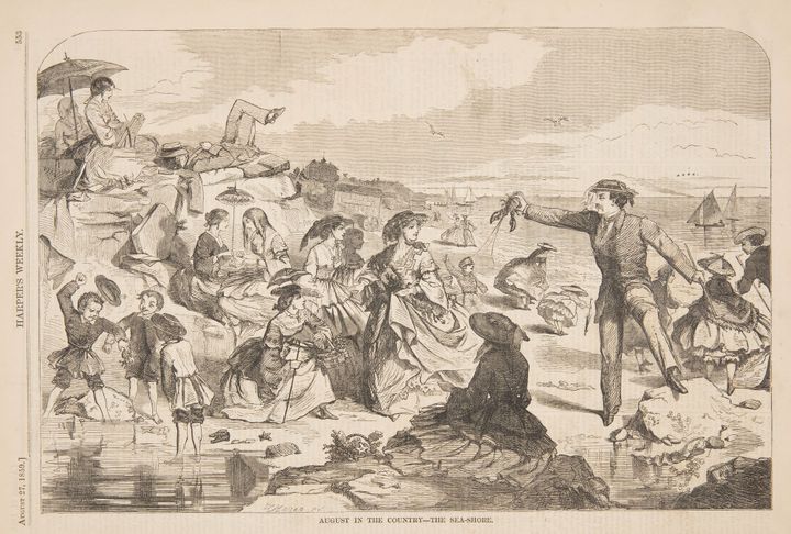 "August in the Country - The Sea-Shore," Winslow Homer. A man holds a lobster out to a crowd on a beach.