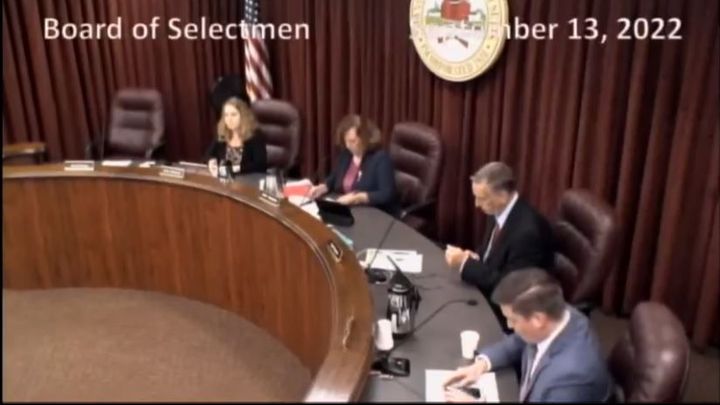 The four members of the Board of Selectmen, seated. Left to right: Katie McKenna, Mary Krumsiek, Scott Despres, Chris Naff.