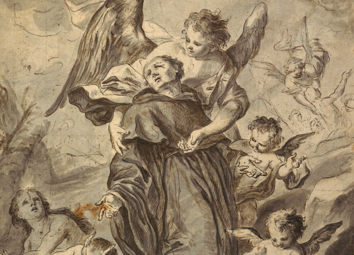 A sketch of angels gesturing toward and around a robed monk.