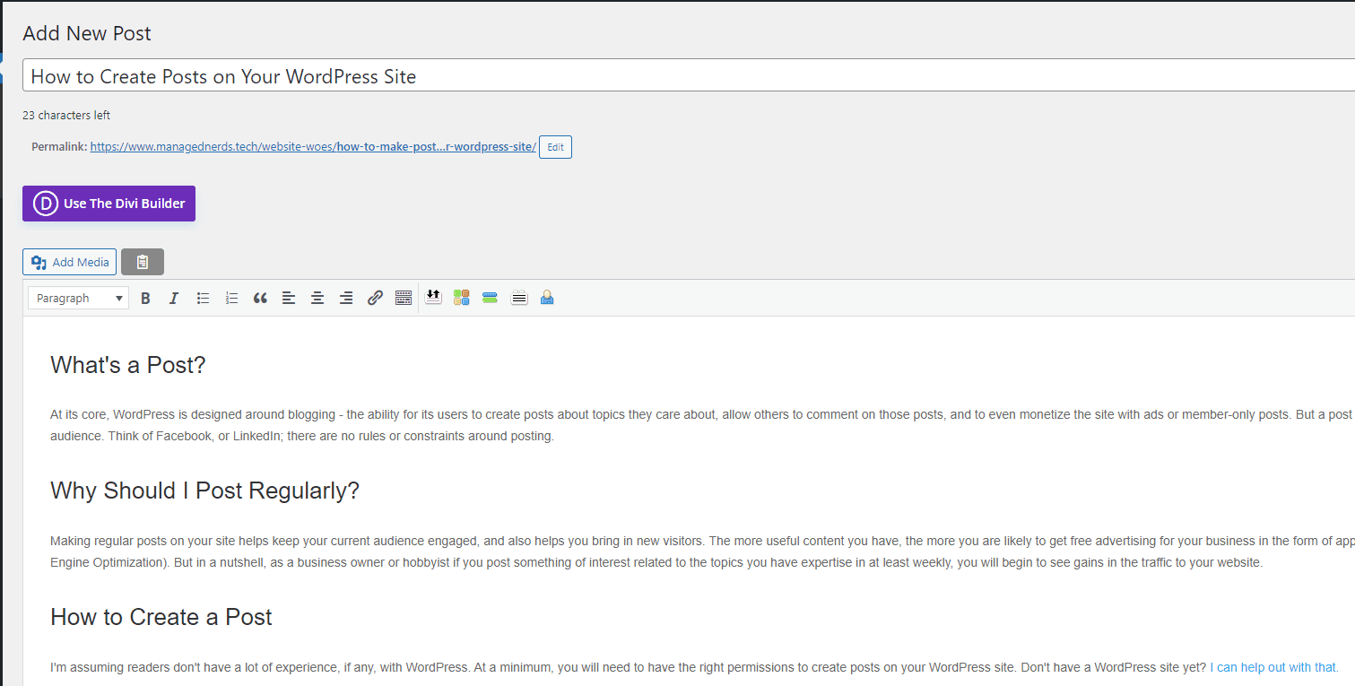 Screenshot showing the Gutenberg editor being used to create a new WordPress Post