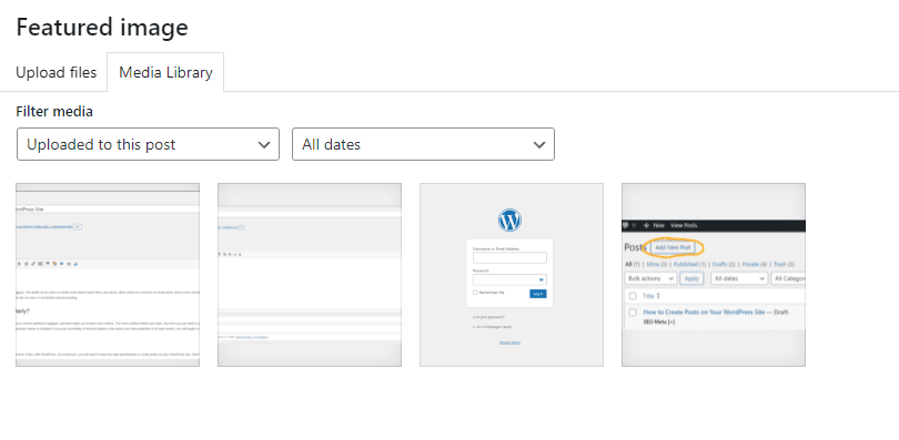 Screenshot showing the selection view for setting a featured image in a WordPress post.