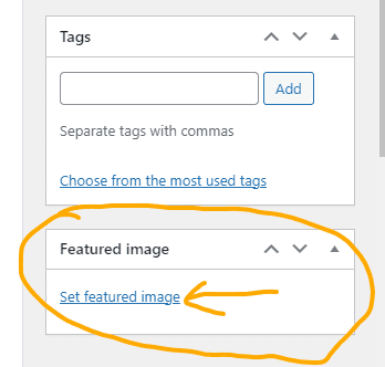 Screenshot showing how to find the Set Featured Image location in WordPress for a post