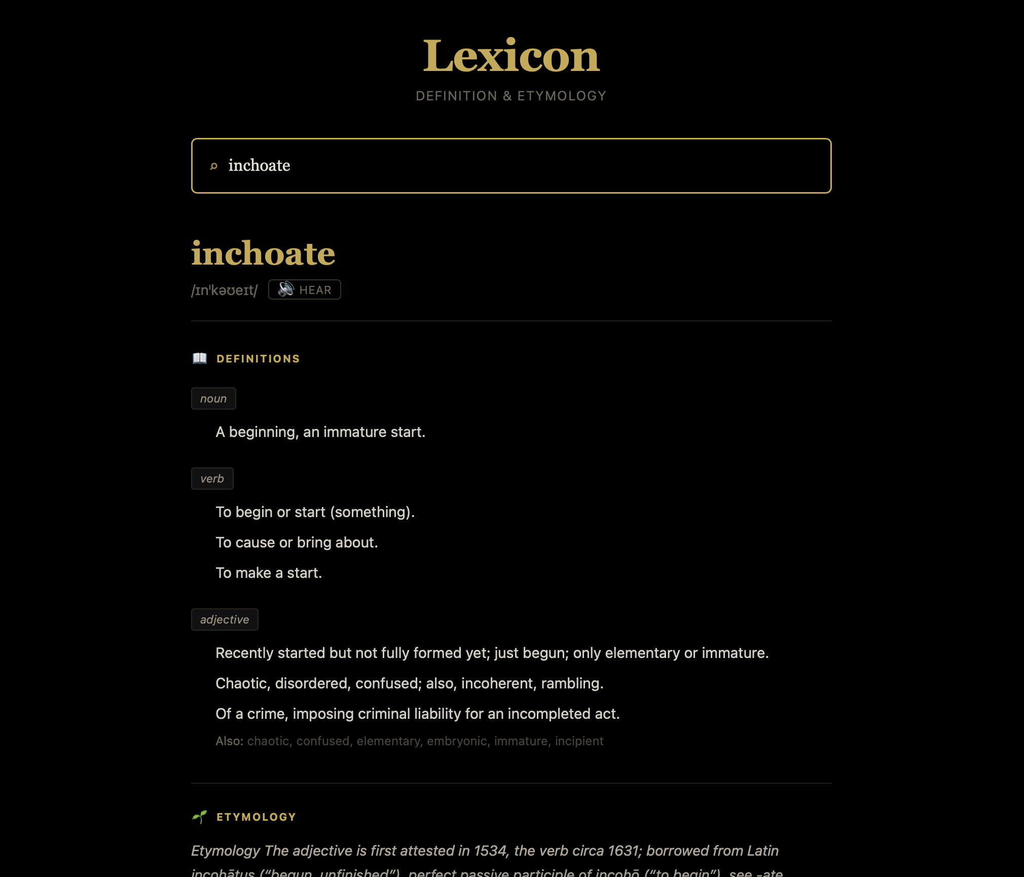 Lexicon tool showing the word inchoate — definition, pronunciation, and etymology, built into Mission Control