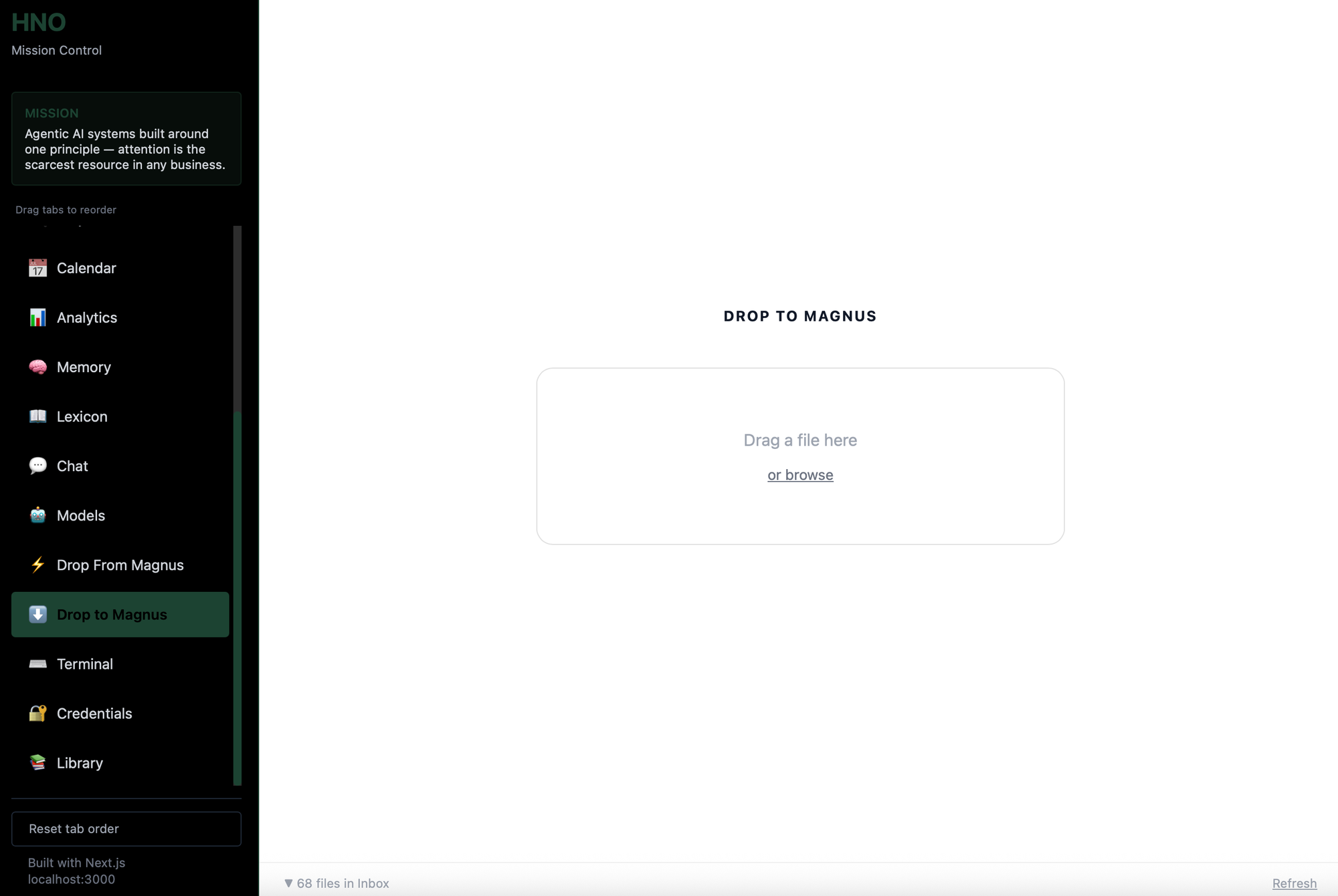 Drop to Magnus — a local two-way file dropbox built into Mission Control, no third-party service required