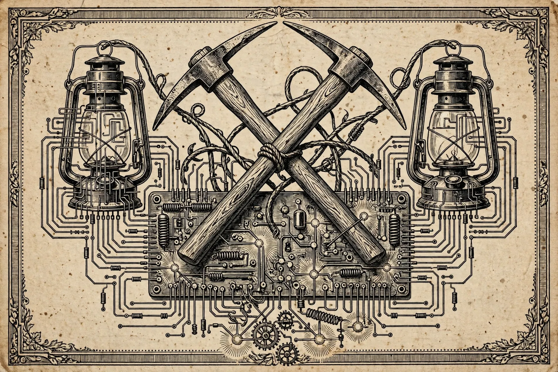 Engraving-style cover art for The Bitcoin Miner's Almanac