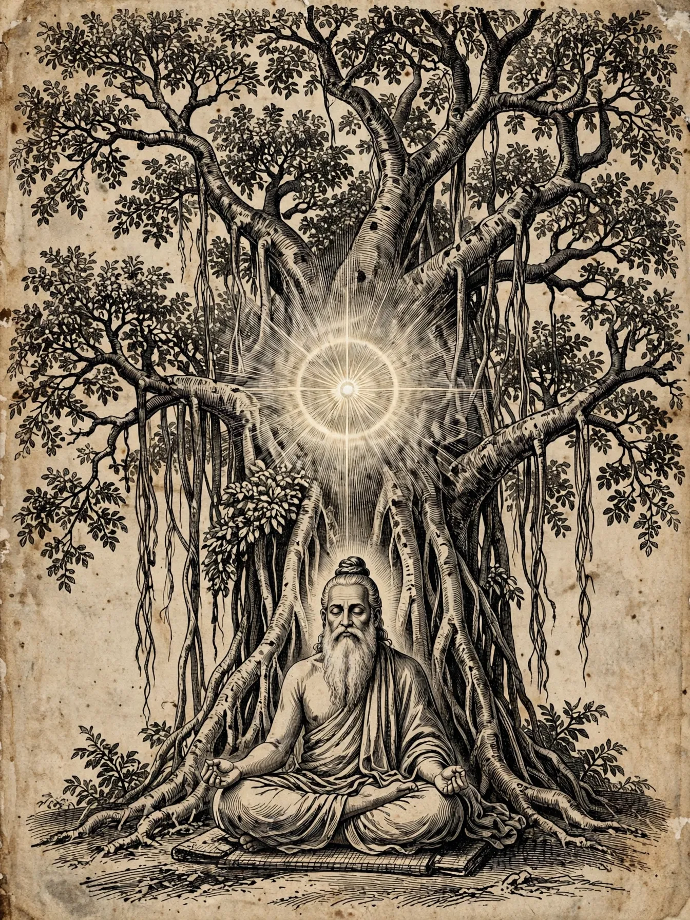 Engraving-style cover art for Be Here Now by Ram Dass