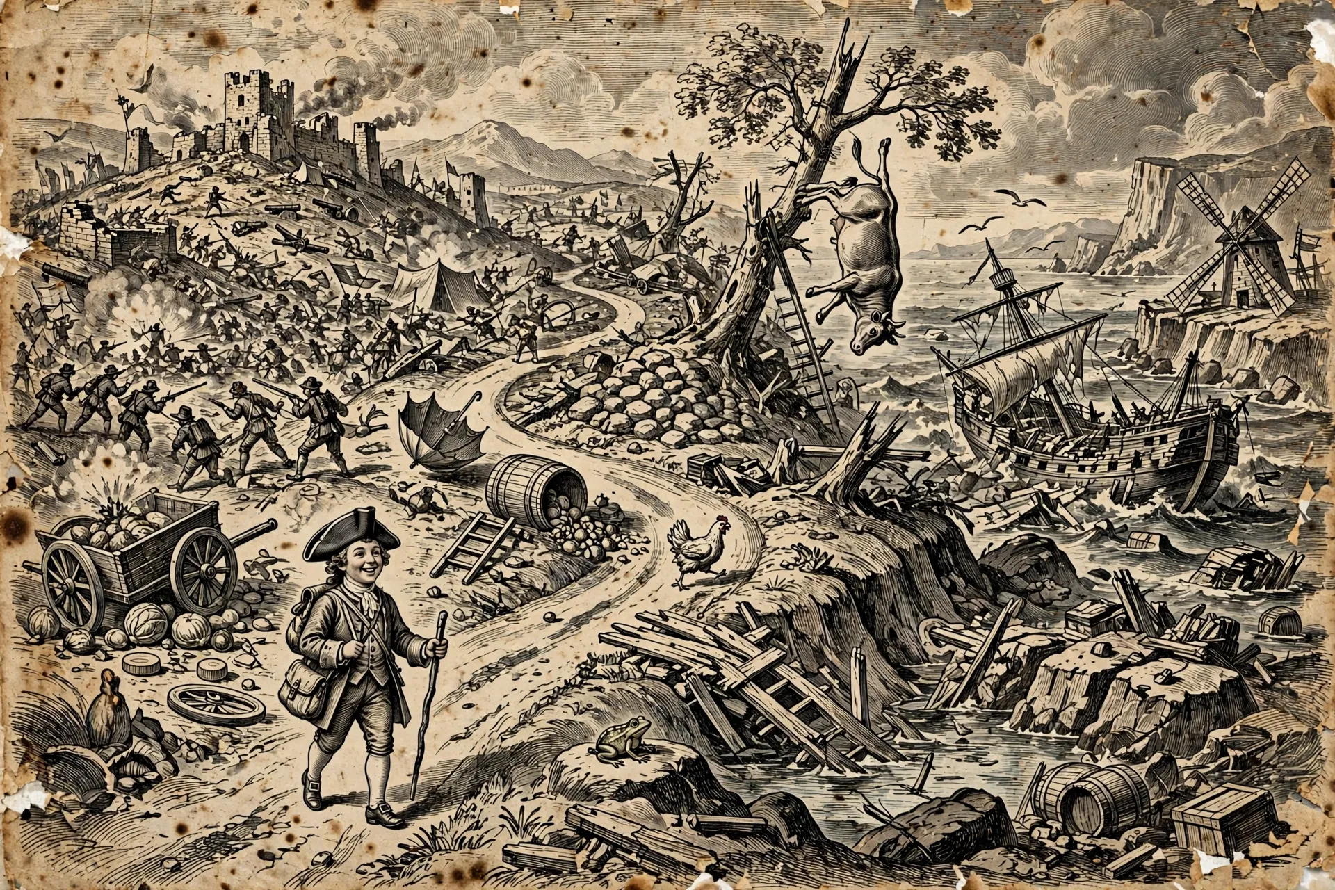 Engraving-style cover art for Candide by Voltaire