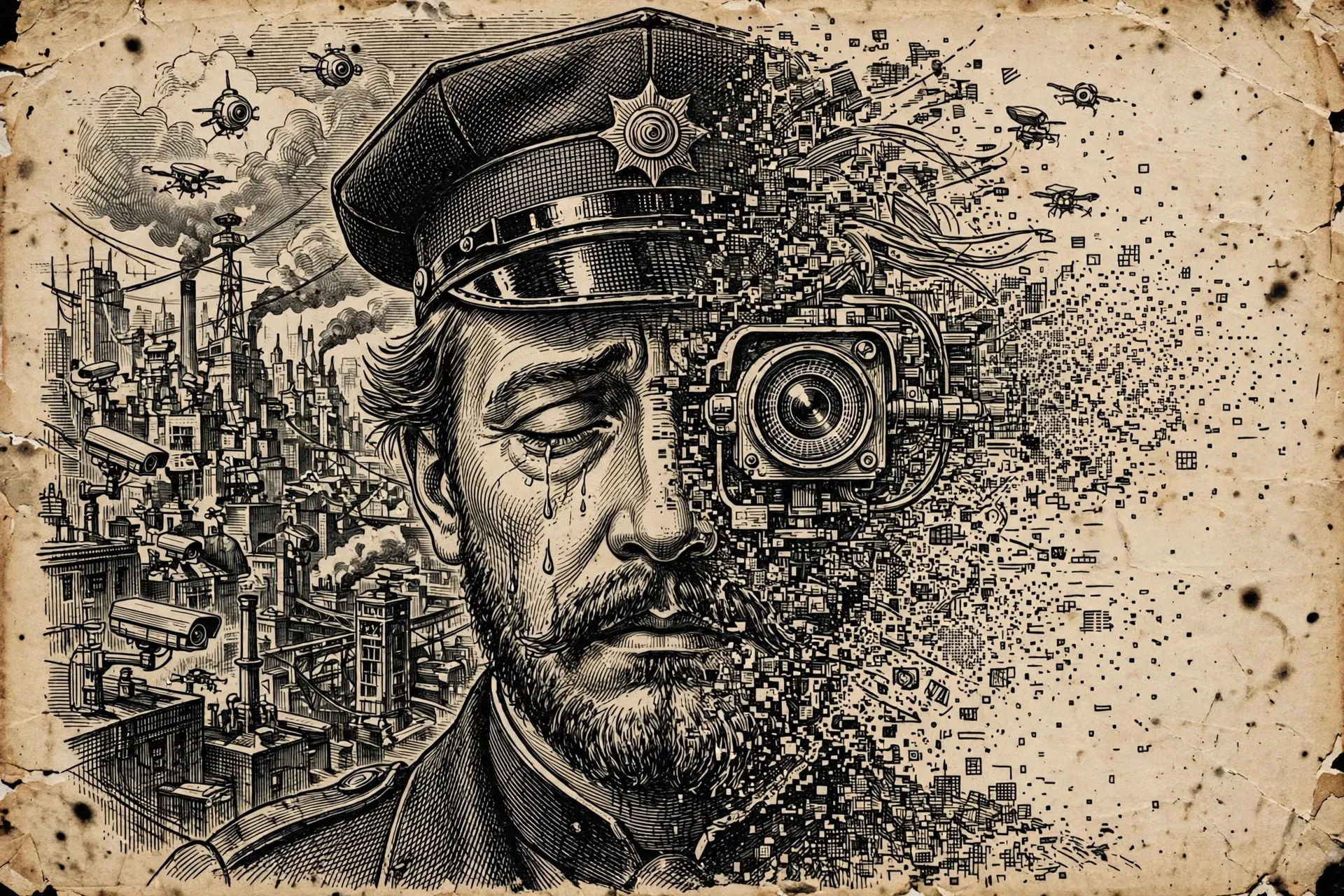 Engraving-style cover art for Flow My Tears, the Policeman Said by Philip K. Dick