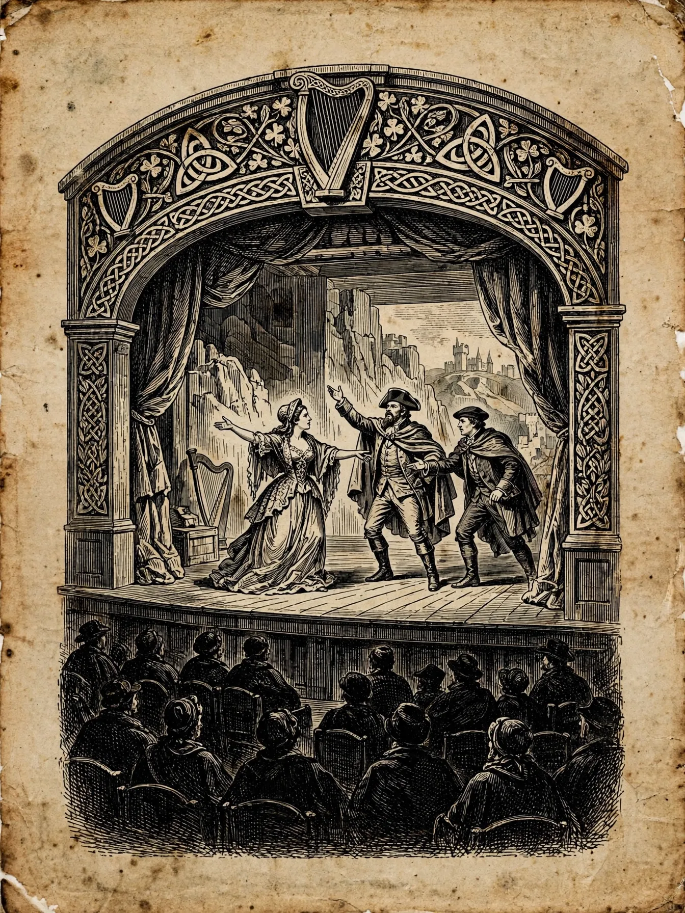 Engraving-style cover art for Five Great Modern Irish Plays