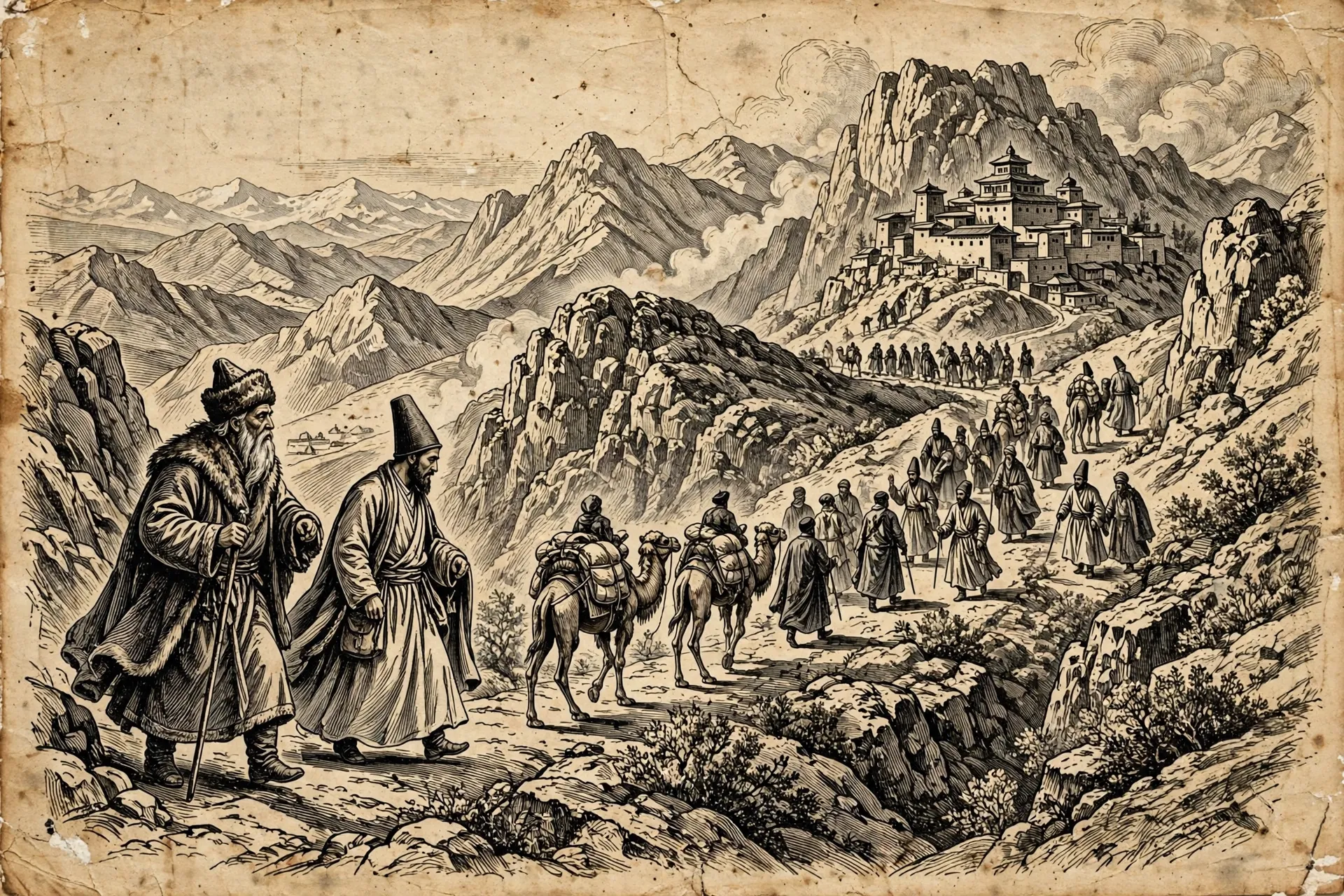 Engraving-style cover art for Meetings with Remarkable Men by G.I. Gurdjieff