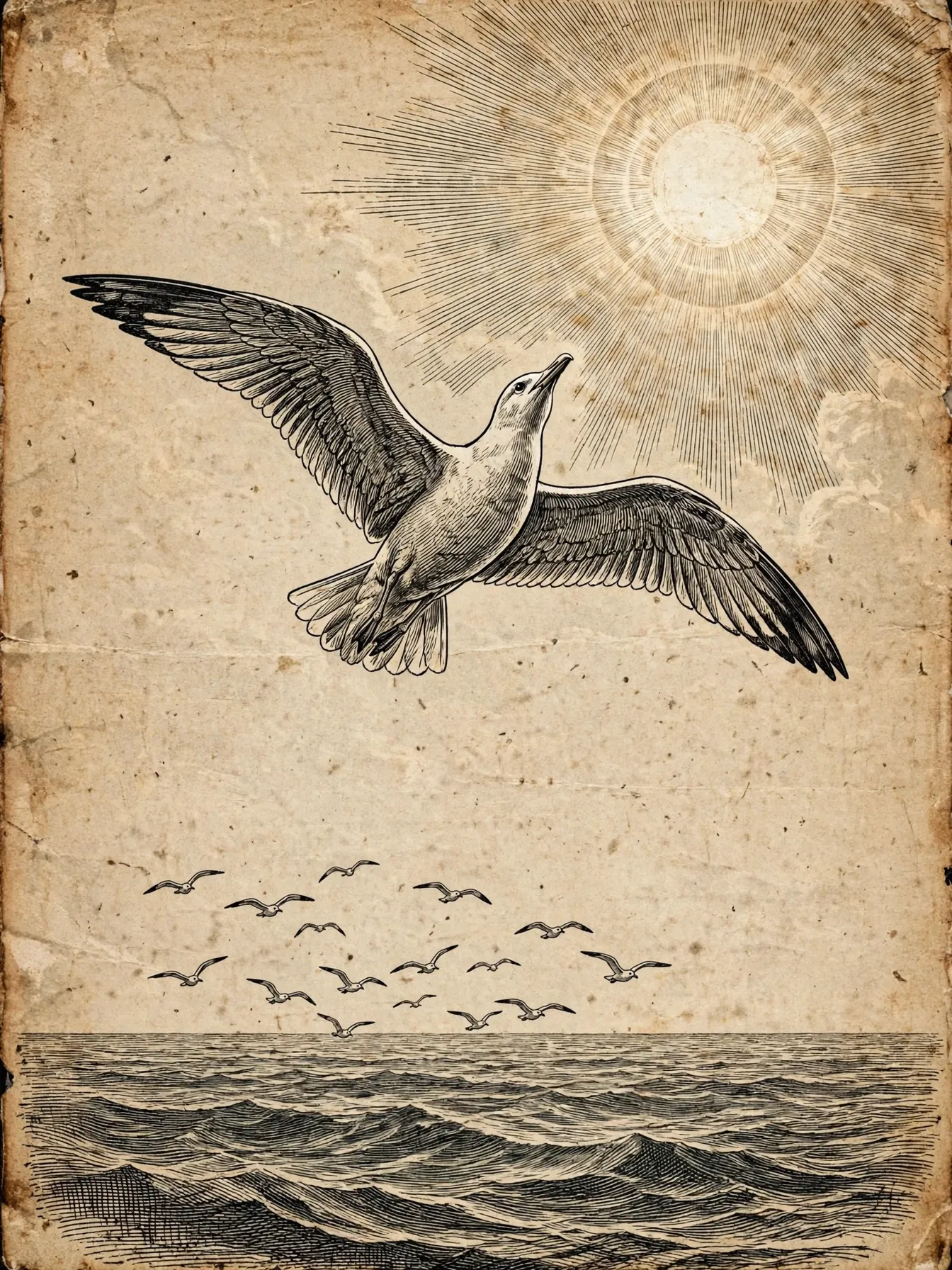 Engraving-style cover art for Jonathan Livingston Seagull by Richard Bach