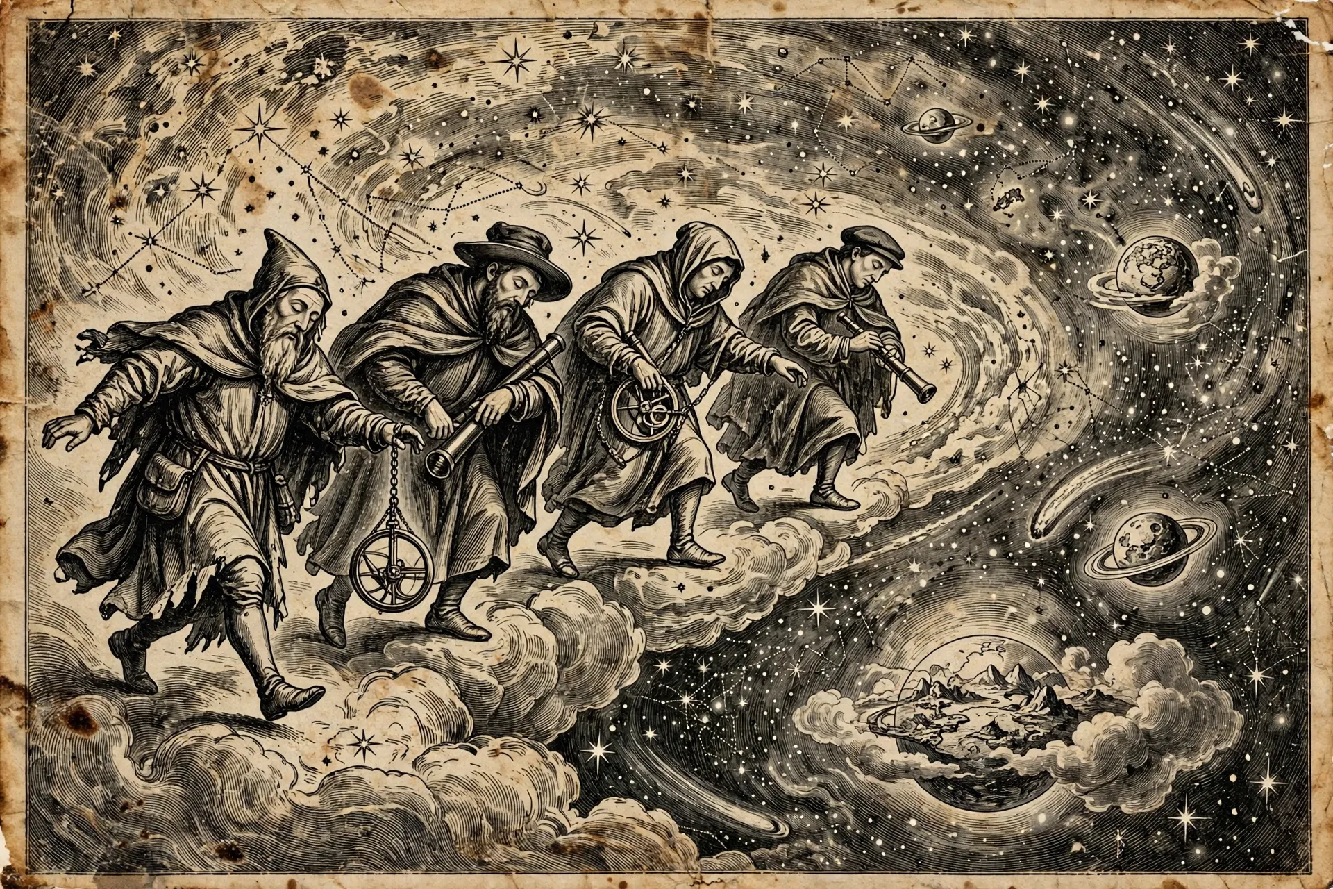 Engraving-style cover art for The Sleepwalkers by Arthur Koestler