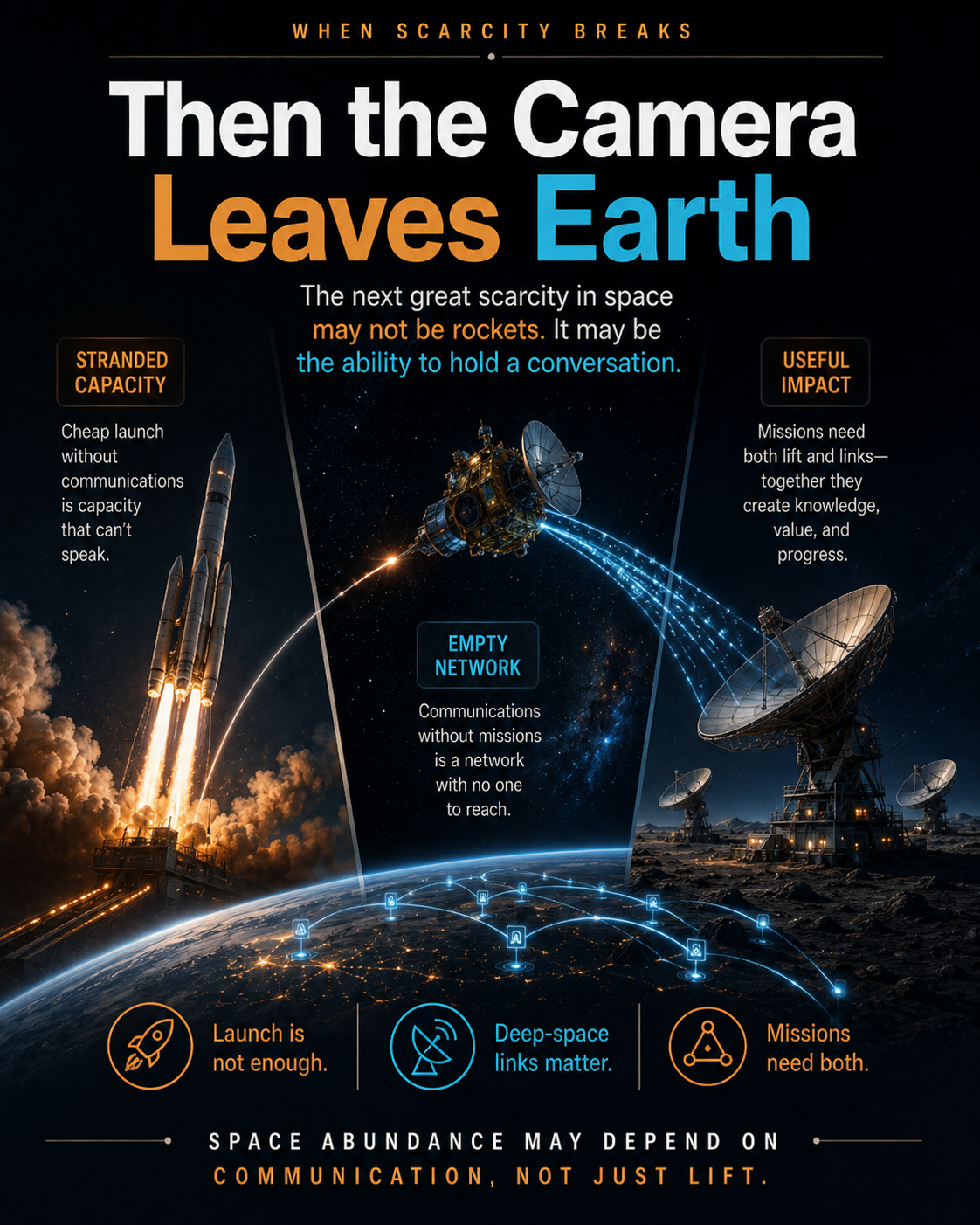 A launch vehicle, spacecraft, and deep-space antennas showing why missions need both lift and communications.