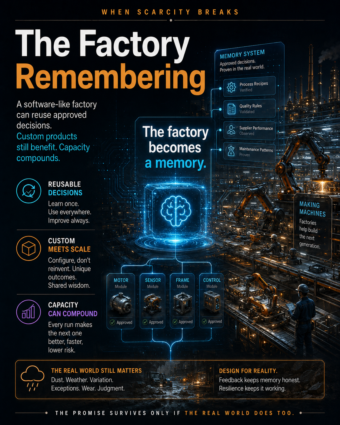 A factory memory system reusing verified process, quality, supplier, and maintenance decisions across modular production.