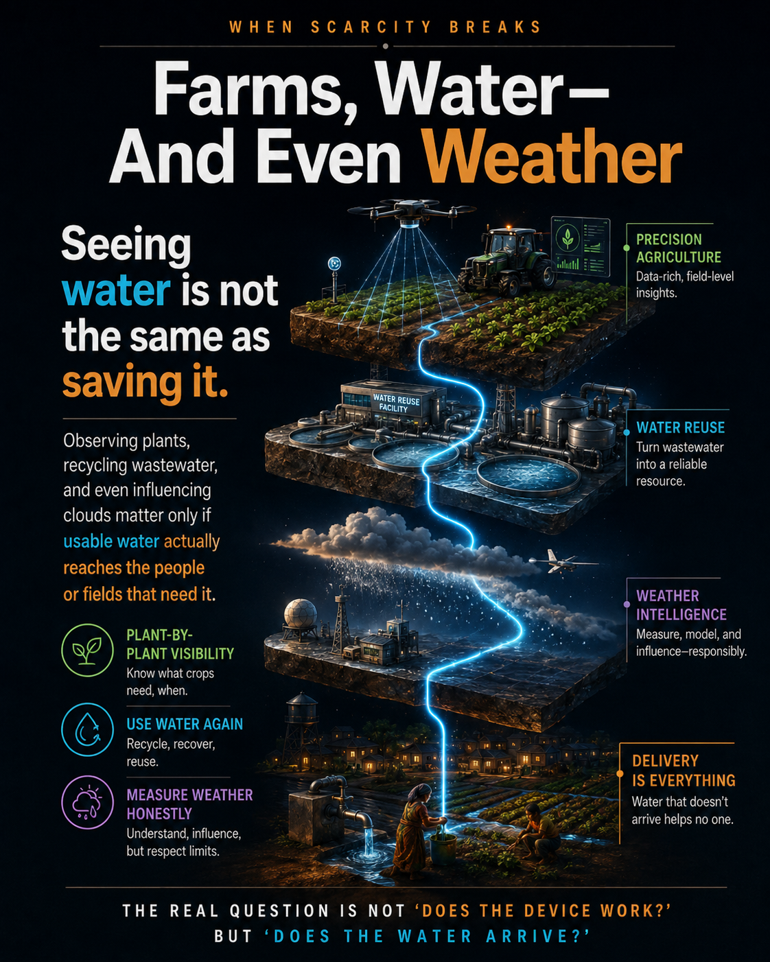 Precision farming, water reuse, and weather measurement connected to the delivery of usable water to homes and fields.