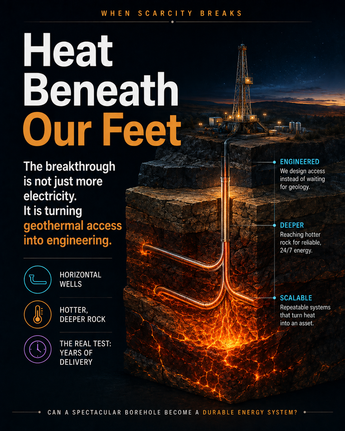 A geothermal well system reaching deep, hot rock through engineered horizontal wells, with durability and scale as the test.