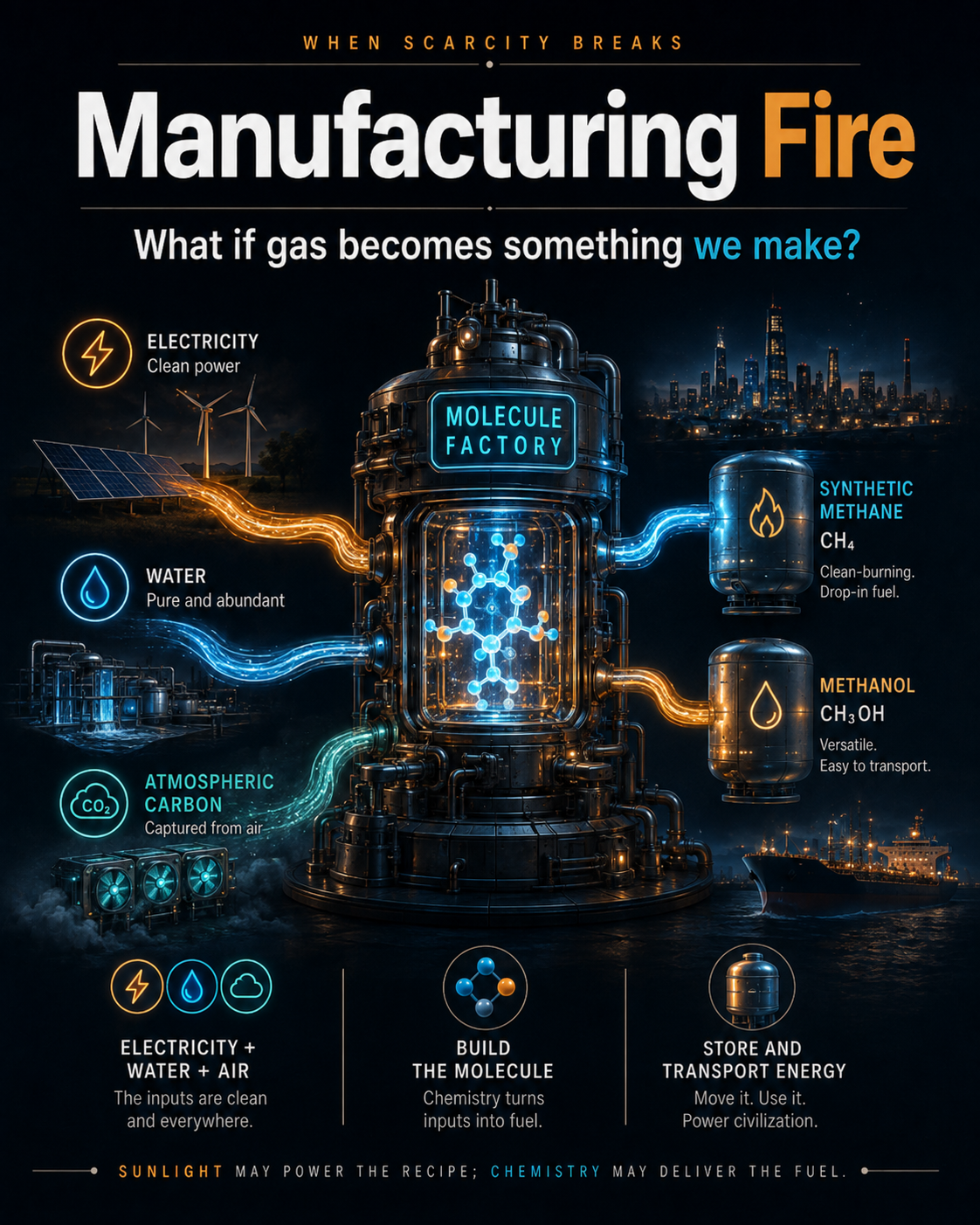A molecule factory combining electricity, water, and atmospheric carbon to produce synthetic methane and methanol.