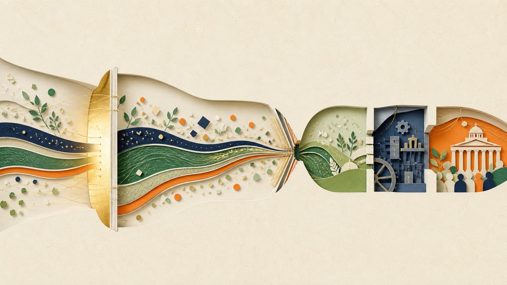 A stream expands through one opened bottleneck and narrows again at the next constraint.