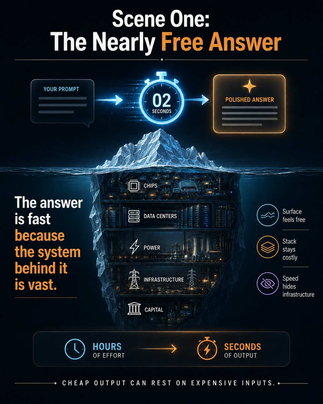 An AI answer produced in seconds above an iceberg-like physical stack of chips, data centers, power, transmission, infrastructure, and capital.