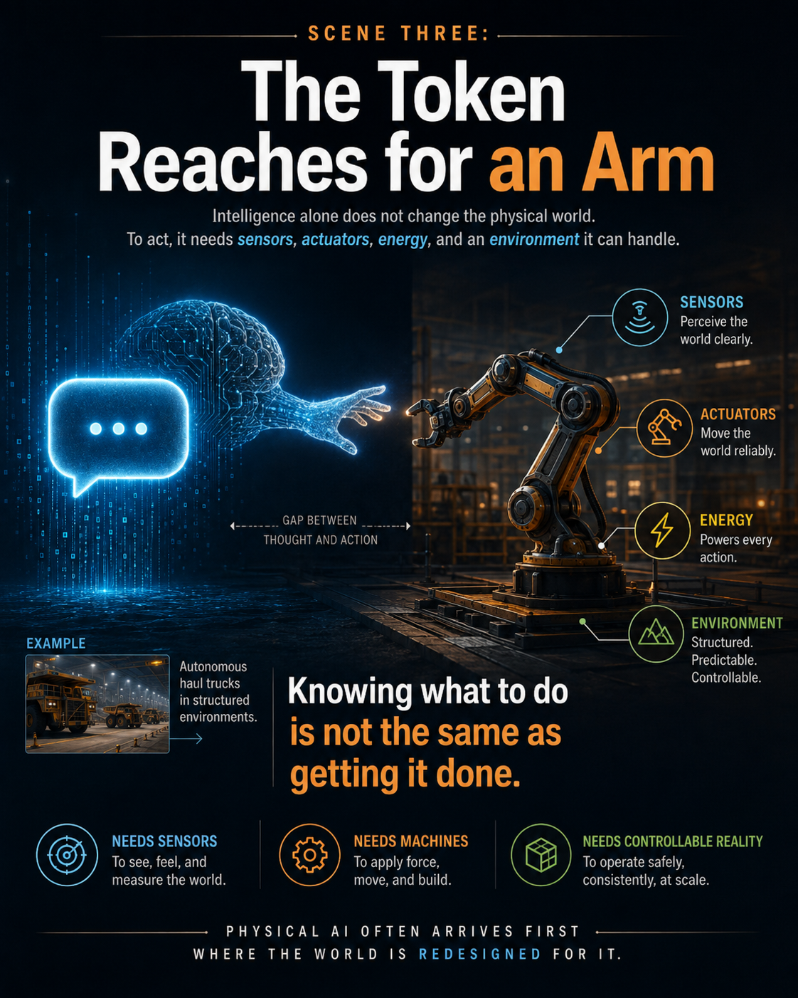 A digital instruction reaching toward an autonomous haul truck, illustrating the gap between knowing what to do and getting it done.