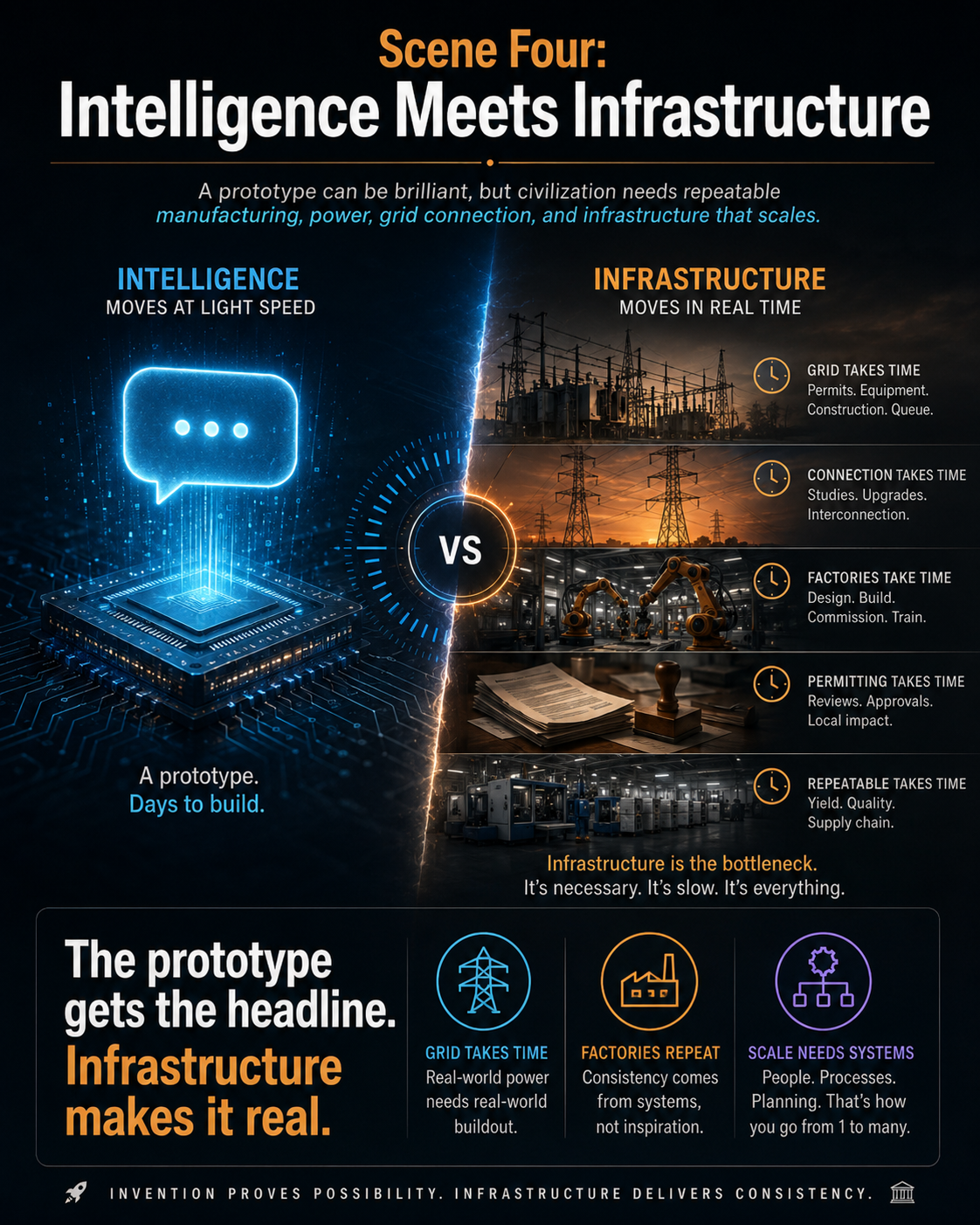 A glowing AI chip contrasted with transmission towers, a substation, and factories to show the infrastructure behind intelligence.