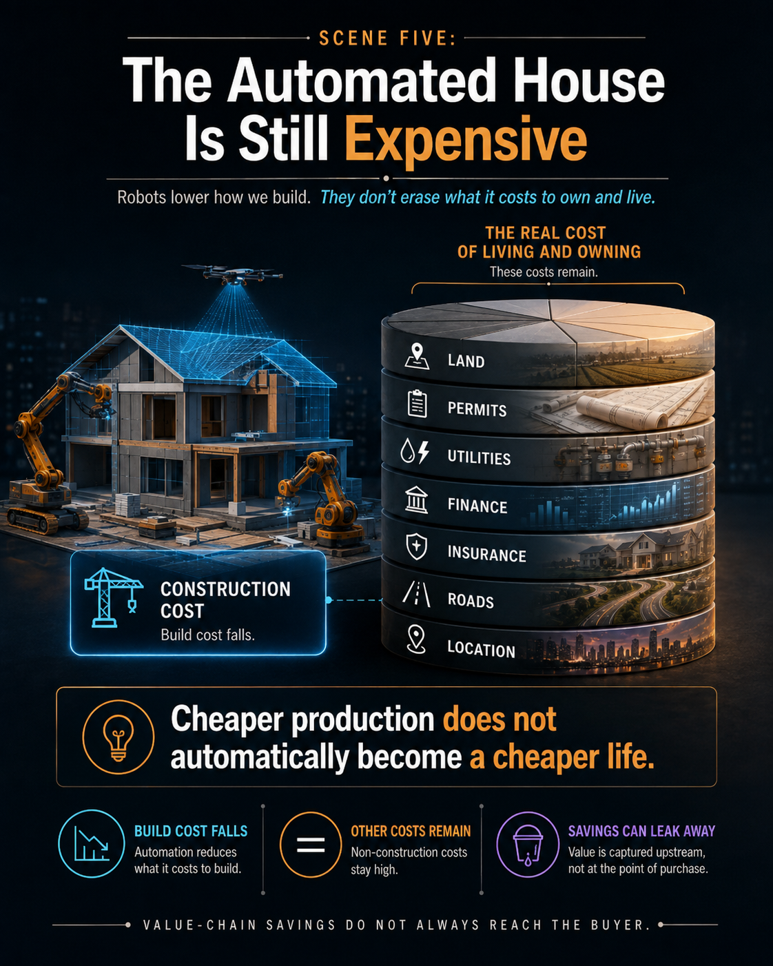 An automated house beside layers of land, permits, utilities, finance, insurance, roads, and location costs.