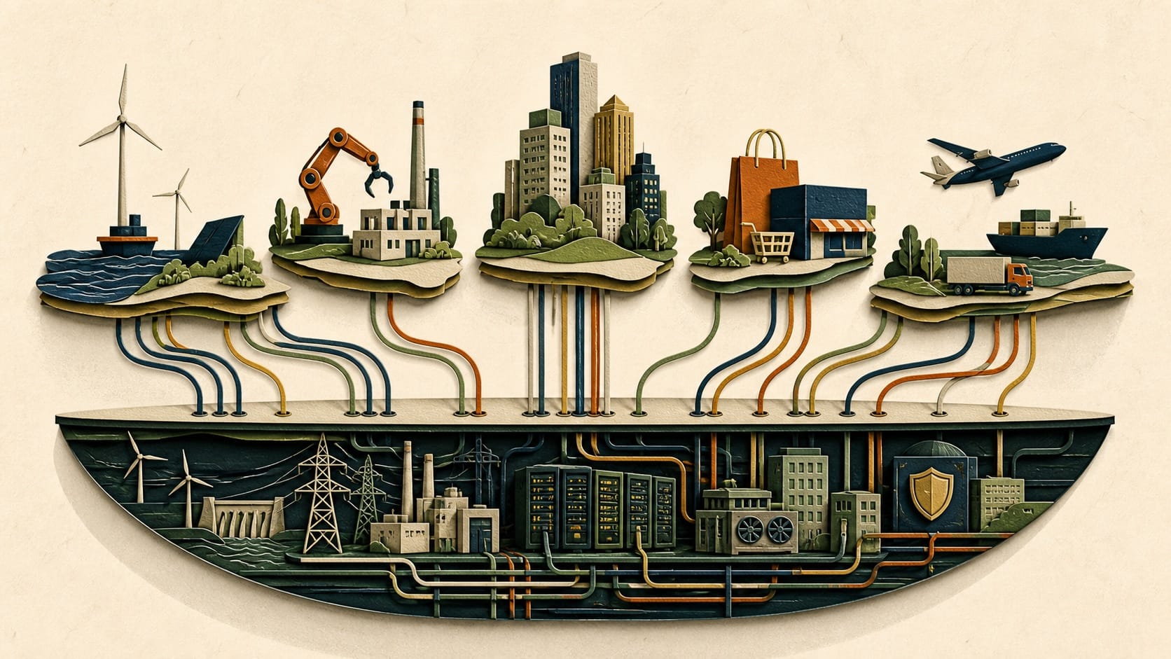 Several businesses draw on the same hidden base of energy, compute, logistics, buildings, and security.