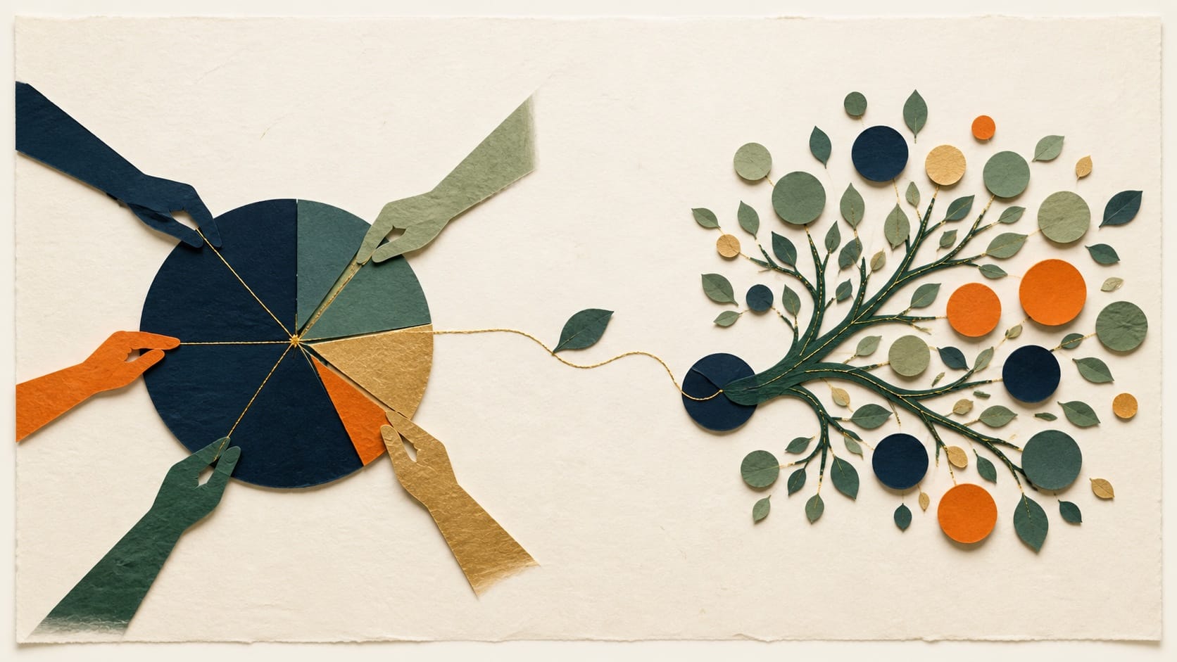 Hands divide a finite circle while one allocated share grows into a larger branching capacity.