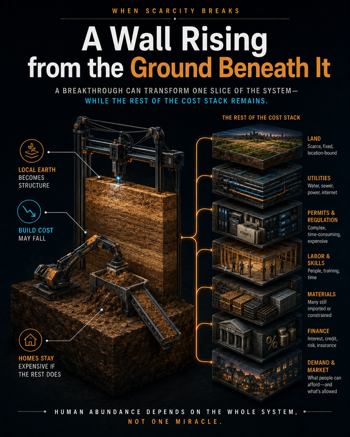 A construction robot turning local earth into a wall beside the remaining layers of housing cost: land, utilities, permits, labor, materials, finance, and demand.