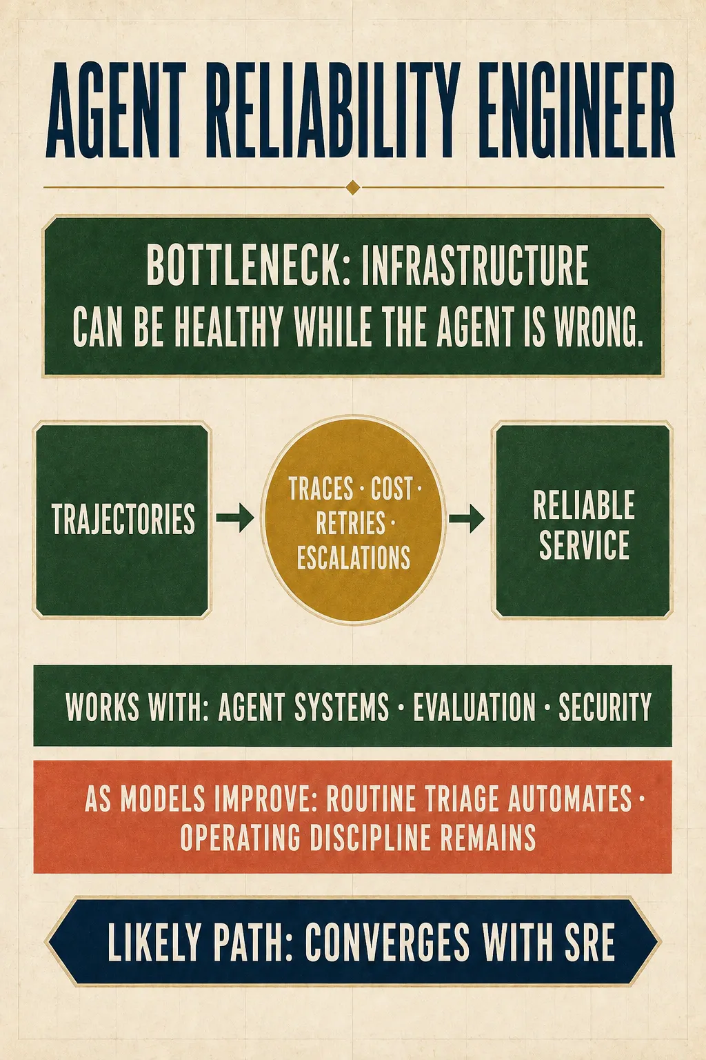The Agent Reliability Engineer card maps trajectories through traces, costs, retries, and escalations into a reliable service, with the role converging with SRE.