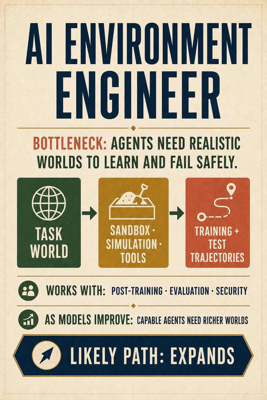 The AI Environment Engineer card maps a task world through sandboxes, simulation, and tools into training and test trajectories, with the role likely to expand.