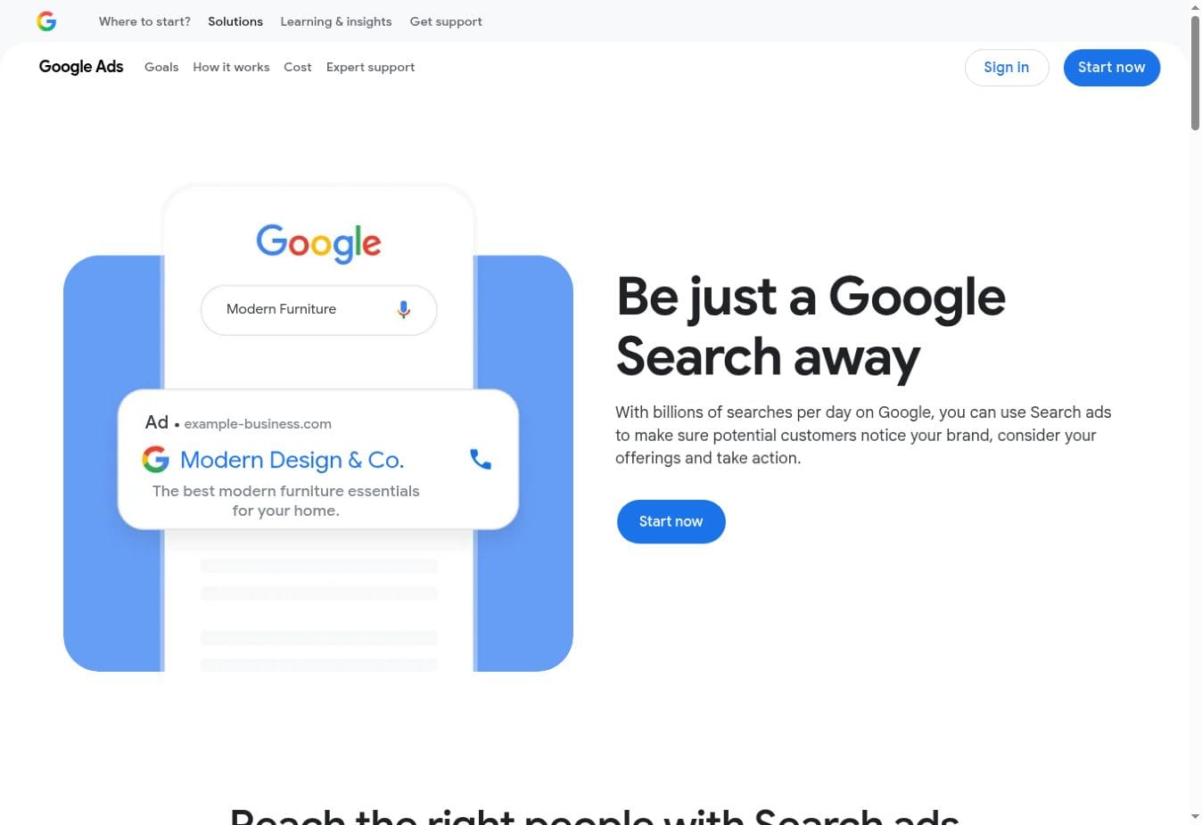 Official Google demonstration: a labeled search ad beside a commercial query. Source: Google Search ads page; provider illustration, September 2026 source edition.