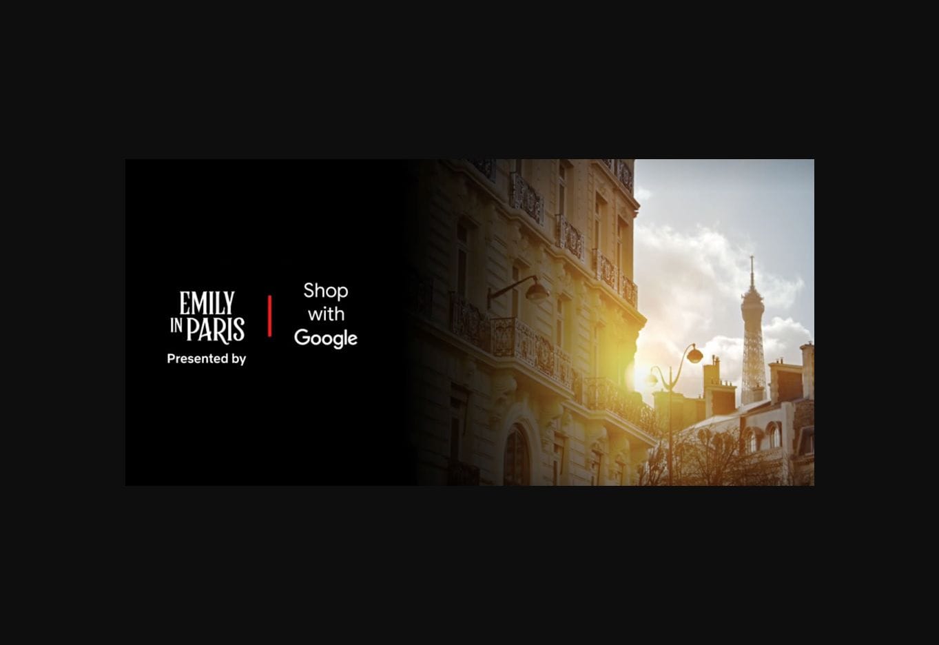 Official Netflix example: a title sponsorship connecting Emily in Paris with Shop with Google. Source: Netflix Advertising, Ad Formats; provider illustration, September 2026 source edition.