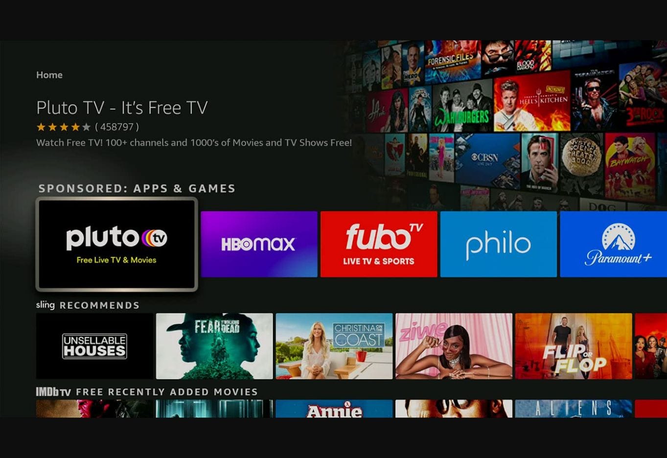 Official Amazon example: a highlighted app in the sponsored row. Older interface branding is retained in the published illustration. Source: Fire TV Sponsored Tiles specification; provider illustration, September 2026 source edition.