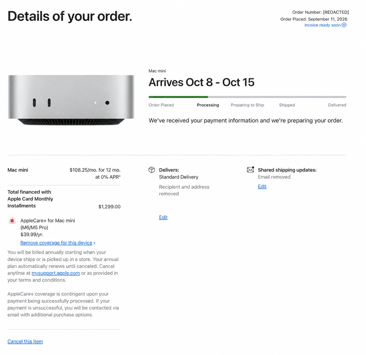 Mac mini order details: $1,299 financed in twelve $108.25 installments at 0% APR, expected delivery October 8–15, and separate annual AppleCare coverage.
