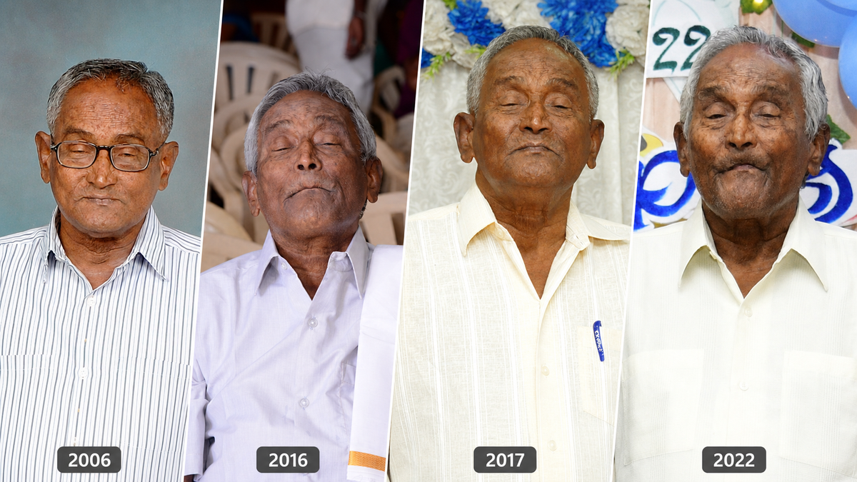 Four portraits of my father, arranged chronologically and labeled 2006, 2016, 2017, and 2022.