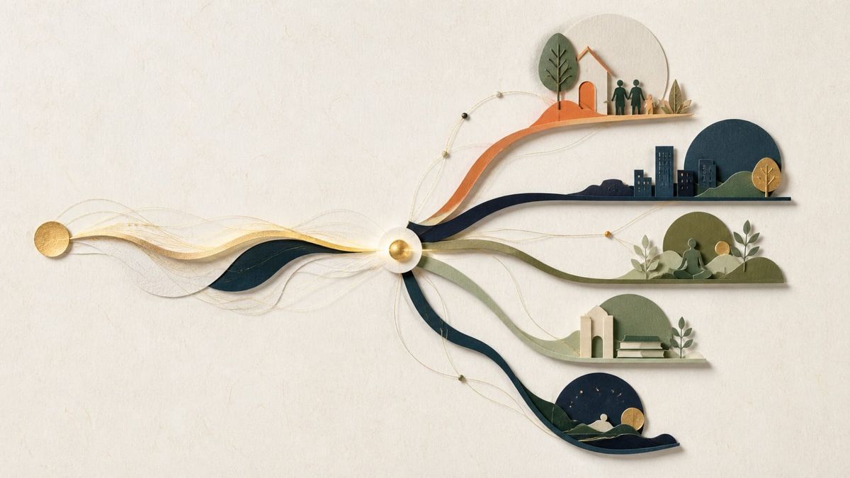 A finite stream of time and attention branches toward family, work, health, learning, and rest.