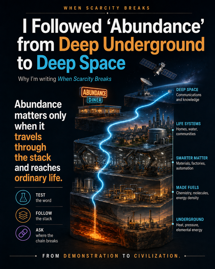 An illustrated civilization stack rising from underground heat through fuels, factories, communities, and deep-space communications.